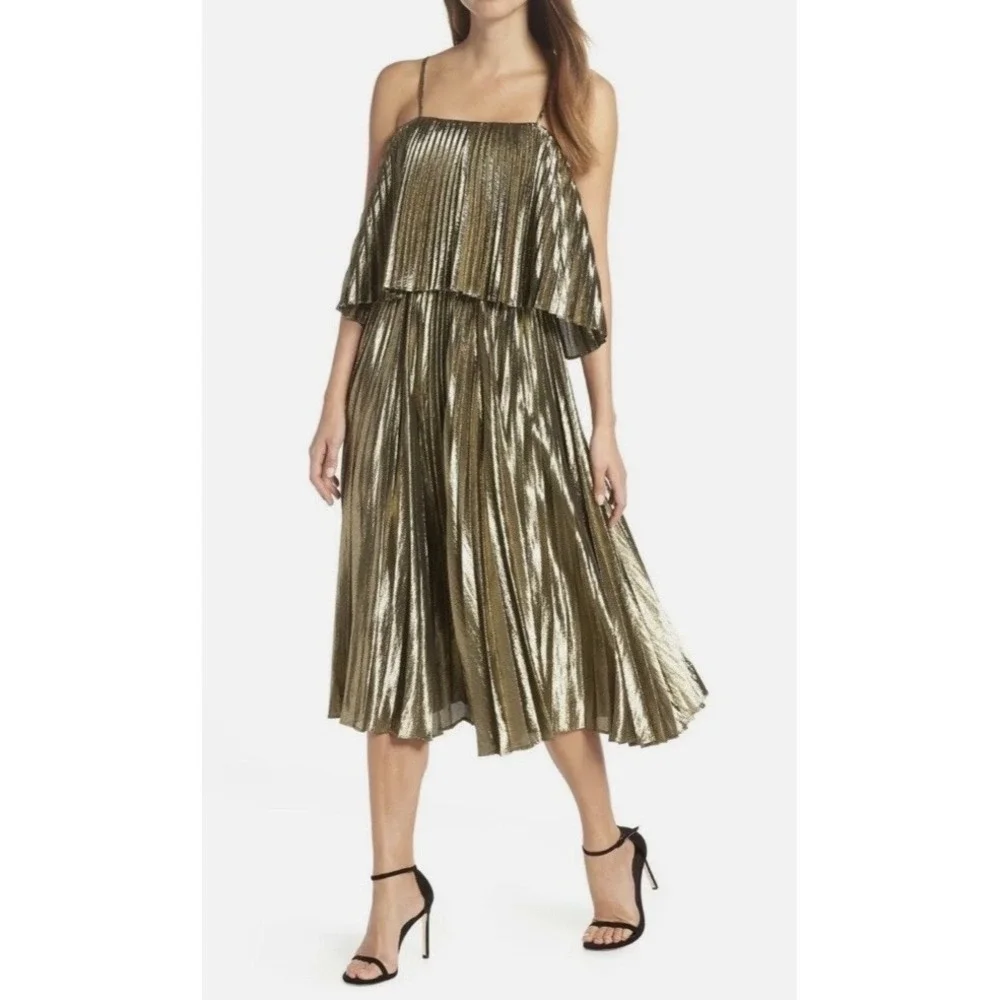 J. Crew Collection Goma Midi Dress Pleated Gold Lame Size 0